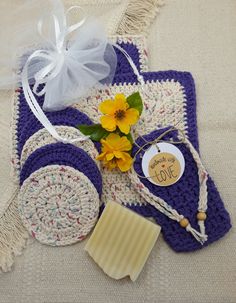 "Indulge in a little luxury and pamper yourself by relaxing and unwinding with this beautiful Crochet Shower & Bath Gift Set or Handmade Spa Gift Set. The reusable eco-friendly Spa Set is designed to invigorate the skin, body, mind and soul. Each charming 7 piece gift set handcrafted with superb craftsmanship is very functional and includes:     -  2 Washcloths each 7\" square gently textured for washing and exfoliating   -  1 Soap Saver Bag 3\" x 5\" detailed with natural wood beads on the draw Self Care Shower, Gifts In A Box, Soap Saver Bag, Spa Day Gifts, Shower Spa, Women Self Care, Spa Gift Set, Drawstring Gift Bag, Bath Gift Set