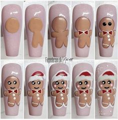 Christmas Nail Step By Step, Step By Step Nail Art Christmas, Xmas Nail Art Designs, Christmas Nail Art Tutorial Step By Step, Step By Step Christmas Nail Art, Nail Art Steps, Press On Nails Christmas, Ginger Bread Nails Design