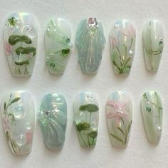 ykyk Green Whimsical Nails, Fine China Nails, Monet Nails, Whimsical Nail Art, Whimsical Nails, Garden Nails, China Nails, Racun Shopee