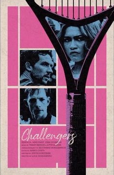 a movie poster for the film challenges with two men and a woman looking at each other