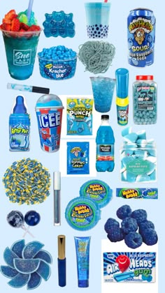 an assortment of ice creams and drinks on a blue background