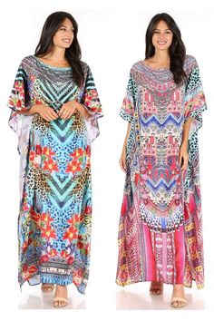 This lovely kaftan dress features a boat-neck and generous sleeve openings. Also, nicely placed rhinestones around the neckline. This garment is perfect for all body shapes, made with lightweight soft opaque crepe fabric and colorful print. Multicolor Digital Print Maxi Dress, Multicolor Floor-length Dress With Digital Print, Summer Floor-length Dress With Digital Print, Multicolor Digital Print Dress For The Beach, Multicolor Digital Print Beach Dress, Patterned Printed Maxi Dress For Vacation, Patterned Long Maxi Dress For The Beach, Patterned Maxi Dress For The Beach, Beach Dress With Multicolor Digital Print