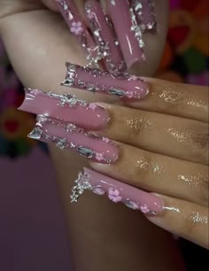 Extra Acrylics, Bling Freestyle Nails, Birthday Junk Nails, Nail Tech Room Ideas Luxury, 2006 Nails, Y2k Junk Nails, Long Pink Nail Designs, Birthday Nails Long Bling, Nails With A Lot Of Charms