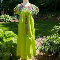 Vintage Light Green Oaxacan Mexican Hand Embroidered Huipil Maxi Dress Flowers Tunic With Pleated Skirt Hem. Measurements Are Taken Flat And Not Exact, Also Shown In Photos. Shoulder To Shoulder: 13" Neck To Hem: 46" Great Dress For A Hot Day! Hot Day, Hot Days, Vintage Lighting, Flower Dresses, Pleated Skirt, Hand Embroidered, Light Green, Maxi Dress, Womens Dresses