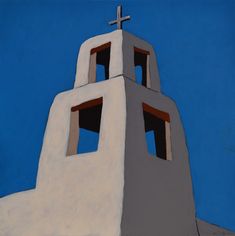 a painting of a church steeple with a cross on it's top and blue sky in the background