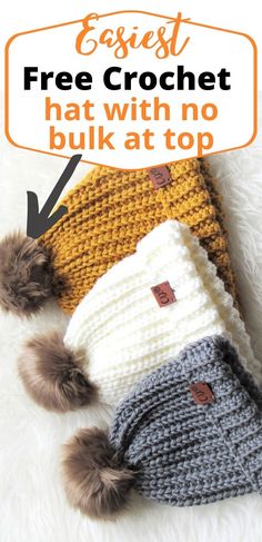 two crocheted hats with pom poms on top and the text, free crochet hat with no bulk at top