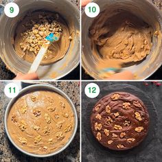 four pictures showing how to make a chocolate cake with walnuts in the batter and then frosting