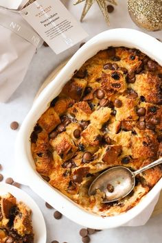 a casserole dish filled with bread and beans