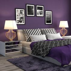 a bedroom with purple walls and black and white bedding, pictures on the wall