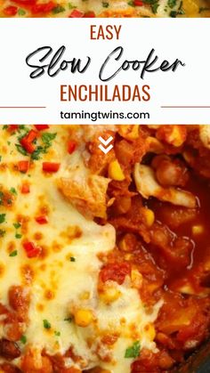 an easy slow cooker enchiladas recipe with meat and vegetables in it