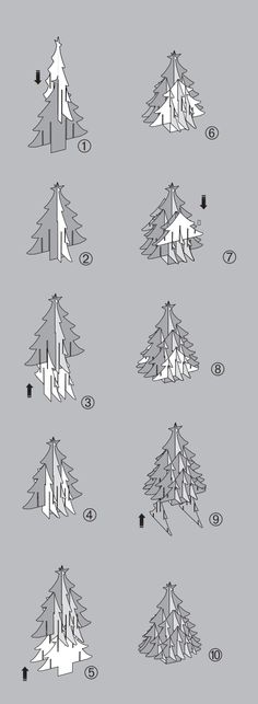 several different types of trees are shown in black and white, including one with an arrow