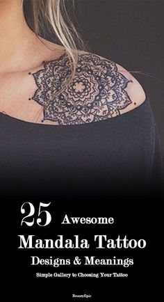 the back of a woman's shoulder with an intricate tattoo design on her chest