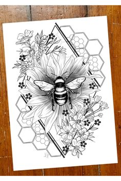 a black and white drawing of a bee surrounded by flowers on a wooden background with honeycombs