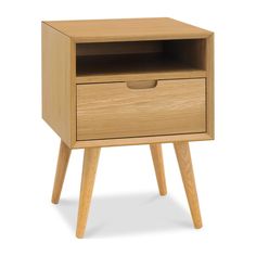 a wooden nightstand with two drawers on one side and an open drawer on the other