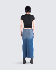 Simple, not basic 😌 Feel good and look even better in this two-piece set featuring a black jersey top paired with a blue denim maxi skirt. The perfect everyday look to dress up or down, period 🖤 Casual High Waist Dark Wash Maxi Skirt, Fitted Dark Wash Casual Maxi Skirt, Casual High Rise Blue Maxi Skirt, Casual High Rise Dark Wash Maxi Skirt, Dark Wash High Rise Casual Maxi Skirt, Fitted Casual Medium Wash Maxi Skirt, Casual Fitted Medium Wash Maxi Skirt, Casual High Rise Medium Wash Maxi Skirt, Trendy Fitted Blue Maxi Skirt