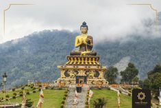 a large buddha statue sitting on top of a lush green hillside