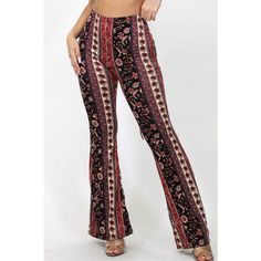 Printed elastic waist bell-bottom pants. Fabric: 95% POLYESTER 5% SPANDEX Model is wearing a medium Forbidden Pants, Flare Pants Boho, Teen Jeans, Pants Print, Pants Boho, Boho Clothes, Pants Fabric, Bell Bottom Pants, Bell Bottom