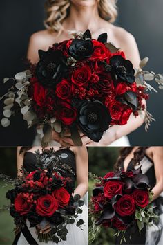 a woman holding a bouquet of red and black flowers