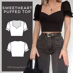 Puff Sleeve Sweetheart Neckline Crop Top Sewing Pattern, Crop Top Pattern, Easy Sewing Pattern, B... Basic Shirt Sewing Pattern, Womens Pdf Sewing Patterns, Shirt Patterns For Women Summer Tops, Easy Sewing Tops For Beginners, Sewing Patterns Bottoms, A Line Top Pattern, Easy Sleeve Pattern, Cotton Top Patterns For Women, Sweetheart Top Pattern