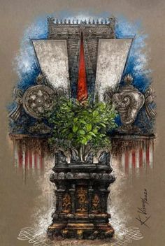 a drawing of a vase with flowers in it and an american flag on the back