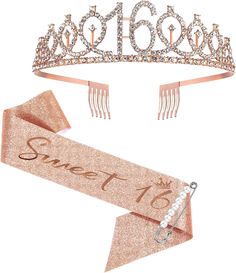 a tiara and ribbon with the word sweet sixteen on it, along with two hair clips