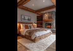 a bedroom with a bed and fireplace in the corner, surrounded by white rugs