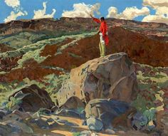 a painting of a man standing on top of a rock