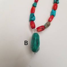 "This beautiful high quality natural turquoise and bright red bamboo coral is is hang- strung by me with 925 sterling Silver. Southwestern looking! Turquoise will go with any outfit and will look amazing on you or as a gift. Length necklace A: 17 inches lobster clasp included. Length necklace B: 18 inches lobster clasp included Pendant: 1\" high Width: 1/15\" almost 1\" please message me if you would like it longer or shorter. Up to 20\" no additional cost. Findings: Sterling Silver. Stones: Nat Southwestern Style Turquoise Necklace With Natural Stones For Gift, Southwestern Turquoise Necklace With Natural Stones For Gift, Southwestern Turquoise Necklace With Natural Stones, Southwestern Turquoise Gemstone Necklace For Healing, Red Southwestern Turquoise Necklace For Gift, Bohemian Red Turquoise Single Strand Necklace, Bohemian Turquoise And Red Coral Necklace, Southwestern Multi-strand Turquoise Gemstone Necklace, Red Bamboo