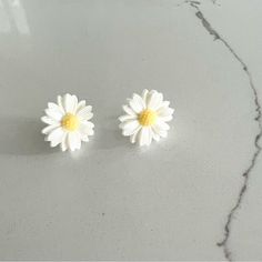 two small white and yellow flowers sitting on top of a gray table next to each other