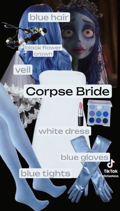 the corpse bride costume is shown with blue tights and white gloves, as well as makeup