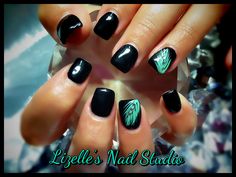 Full black nails with hand painted mint feather & gems on accent nails. Hand-painted nail art. Sculpted gel nails. www.facebook.com/LizellesGelNails Feather Nail Designs, Sculpted Gel Nails, Mint Nails, Pedicures, Minimalist Nails