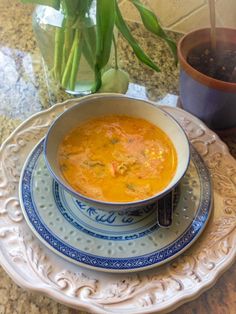 a bowl of soup sitting on top of a plate next to a potted plant