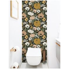 a white toilet sitting in a bathroom next to a wallpaper with flowers on it