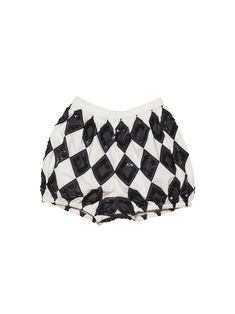 a black and white checkerboard shorts with sequins on the bottom,