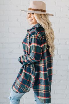 Get on the plaid bandwagon! This season, it's all about the bold prints and pops of color! This darling coat is the perfect way to complete your outfit, on trend and warm! The long length gives extra coziness and coverage to keep the cool breeze out, and the fashion trend high! 100% Polyester Side Pockets Soft yet Structured Flannel Plaid Fabric Collar with Functional Button Front Wrist Cuff with Functional Button Mid Length SIZING: Model is 5'4" wears a size 5 and is modeling the size small. Sm Plaid Flannel Outerwear With Long Sleeves, Plaid Outerwear For Cold Weather In Fall, Cozy Plaid Winter Outerwear, Cozy Fall Shacket For Cold Weather, Plaid Long Sleeve Outerwear For Fall, Plaid Long Sleeve Winter Outerwear, Plaid Long Sleeve Outerwear For Winter, Plaid Flannel Shacket For Winter, Cozy Plaid Long Sleeve Outerwear