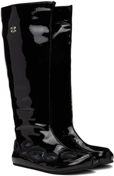 Handcrafted mid-calf patent faux-leather boots in black. · Pinched seam at vamp · Logo hardware at outer side · Rubberized appliqués at outer side · Ponte lining · Treaded rubber sole Available exclusively at SSENSE. Supplier color: Black Luxury Black Mid-calf Boots, Black Patent Leather Boots With Glossy Finish, Black Glossy Patent Leather Boots, Barefoot Boots, Faux Leather Boots, Mid Calf, Black Boots, Leather Boots, Rubber Sole