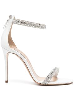 white/silver-tone calf leather smooth grain rhinestone embellished straps round toe single toe strap ankle strap rear zip fastening 100mm stiletto heel branded leather insole White And Silver Heels, Luxury White Heels With Rhinestones, Tone Calves, Silver Heels, Clothing Ideas, Stiletto Heel, White Silver, Scarlet, Women's Shoes Sandals