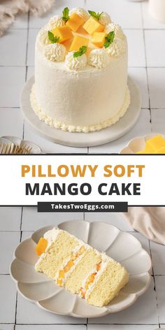 two pictures with different types of cakes on them and the words pillow soft mango cake