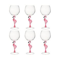 six wine glasses with pink flamingos sitting on top of each other in front of a white background