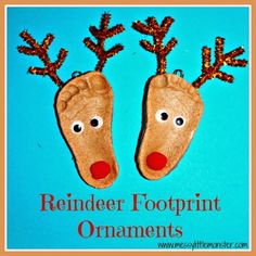 two reindeer feet with red noses and bows on blue background