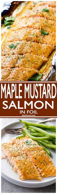 two images of salmon and asparagus on a white plate with the title maple mustard salmon