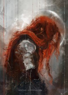 a painting of a woman with red hair wearing a gas mask