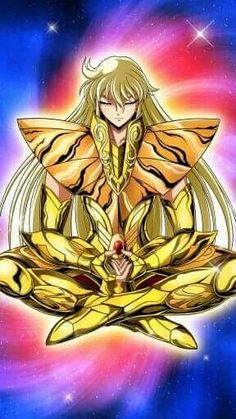 an anime character sitting on top of a golden object in front of a star filled sky