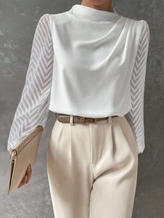 Shop Affordable  Women Mock Neck Mesh Long Sleeve Elegant Blouse Loose Daily On Justfashionnow.com Kosulje Blouses, Elegant Blouse Outfit, Rose Blouse Outfit, Rose Top Outfit, Pink Elegant Outfit, Dusty Pink Outfit, Pink Blouse Outfit, Pink Blouses, Shein Blouse