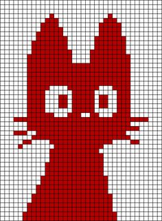 a pixellated red cat with big eyes on it's face and tail, in the middle of a cross stitch pattern