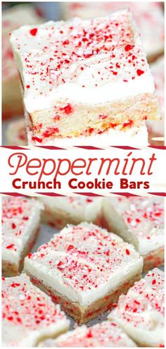 peppermint crunch cookie bars with white frosting and red sprinkles