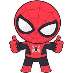 a cartoon spider man with big eyes giving the thumbs up sign while wearing a black and red suit