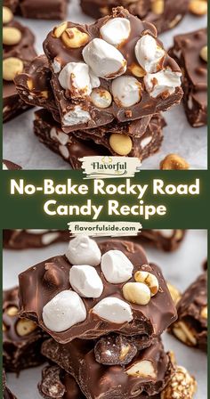 no - bake rocky road candy recipe with marshmallows and peanuts on top