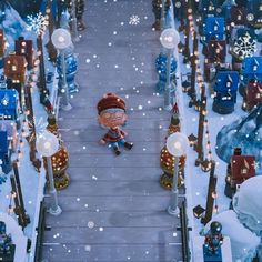 a cartoon character is walking down a snowy path with christmas decorations on the ground and lights all around him