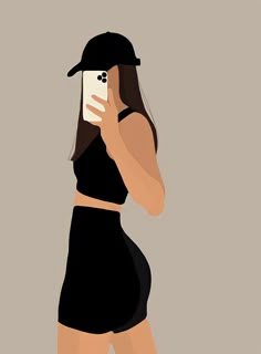 a woman in black shorts and a hat taking a selfie with her cell phone